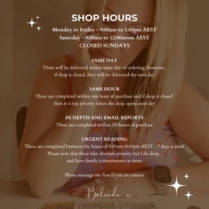 May include: An informational graphic with white text on a sepia-toned background. It lists shop hours from Monday to Friday 9:00am to 5:00pm AEST, Saturday 9:00am to 12:00noon AEST, and closed Sundays. It details delivery times for same day, same hour, reports, and urgent readings.