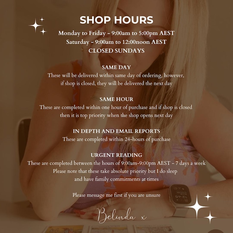 May include: An informational graphic with white text on a sepia-toned background. It lists shop hours from Monday to Friday 9:00am to 5:00pm AEST, Saturday 9:00am to 12:00noon AEST, and closed Sundays. It details delivery times for same day, same hour, reports, and urgent readings.
