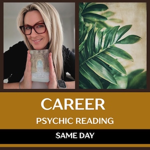 Può includere: Immagine di una donna che tiene in mano una carta dei tarocchi con una scena di foresta. L'immagine include anche un primo piano di foglie verdi e le parole "CAREER", "PSYCHIC READING" e "SAME DAY".