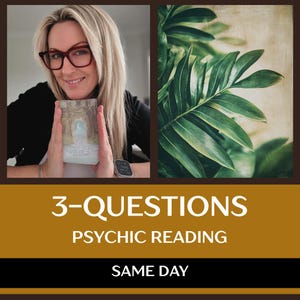 May include: Image showing a woman holding a tarot card with a forest scene. The image includes text that reads "3-QUESTIONS PSYCHIC READING SAME DAY". A green plant is in the background.