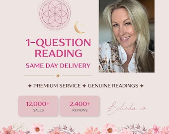 May include: A digital graphic featuring a portrait of a blonde person, the text 1-QUESTION READING, and the logo BELINDA DANIELLE PSYCHIC MEDIUM. The design includes pink floral borders, star icons, and text boxes displaying 12,000+ SALES and 2,400+ REVIEWS.