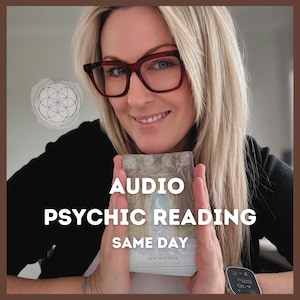 May include: A woman wearing glasses holds a deck of cards with the words "AUDIO PSYCHIC READING SAME DAY" in white text. The cards have a forest scene design. A watch is visible on the woman's wrist.