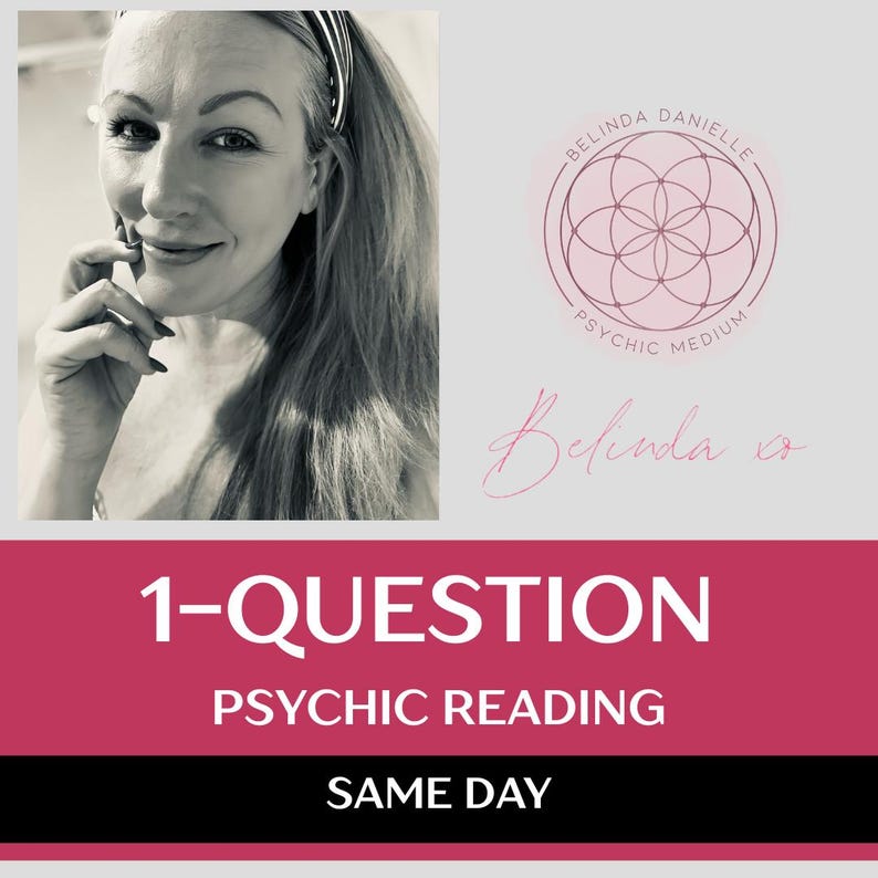 May include: A black and white portrait of a person with a headband next to a pink logo featuring a geometric flower and the text Belinda Danielle Psychic Medium. Below, a magenta banner displays the white text 1-QUESTION PSYCHIC READING.