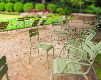 May include: A collection of green metal chairs arranged in a garden setting. The chairs are made of a simple, sturdy design with a slatted back and seat.