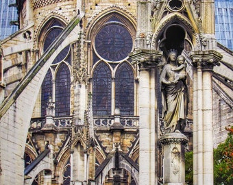 PARIS PHOTOGRAPHY: Print, Notre Dame Cathedral, flying buttresses and Mary statue