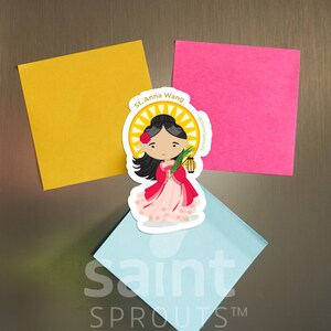 May include: A colorful illustration of St. Anna Wang, a Catholic saint, holding a lantern and a sprig of wheat. The illustration is on a white background with a yellow halo and the text "St. Anna Wang" and "@saint sprouts" in a circle around the saint.