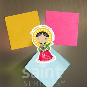 May include: A colorful illustration of Saint Barbara Choe Yong-i, a Korean Catholic martyr. The illustration is on a white background with a yellow halo around the saint's head. The saint is wearing a green and red traditional Korean dress and holding a book and a palm branch. The text "St. Barbara Choe Yong-i" is written in a circle around the saint's head. The text "@saintSprouts" is written below the saint's feet.