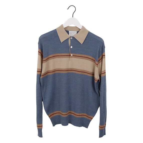 Vintage 1960’s Men’s Blue Fashion Knit Striped Po… - image 1