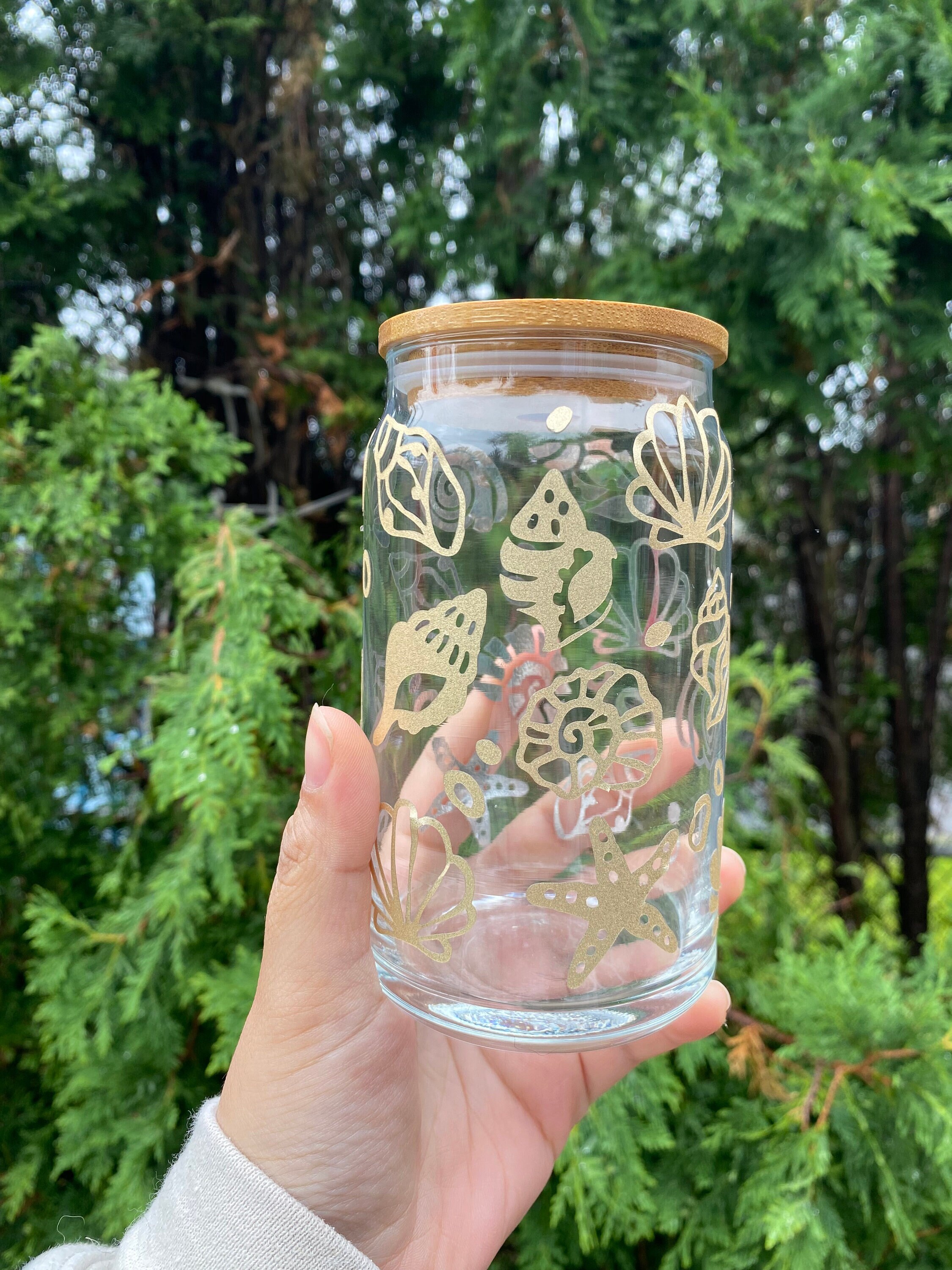 Sand & Shells 16oz Glass Cup Bamboo Lid Iced Coffee Cups Glass Beer Can