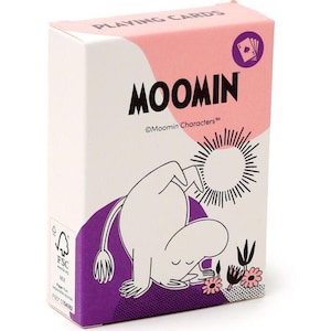 May include: A box of Moomin playing cards featuring a purple background with a white Moomin character doing a handstand. The box has the text "Moomin" in black and "Moomin Characters™" in smaller black text. The box also has a small FSC logo.