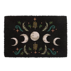 Black Dark Forest Moon Phase Doormat Natural Coir Door Mat Gothic Triple Moons Mystical Lunar Cycle Rubber Backed 40x60cm