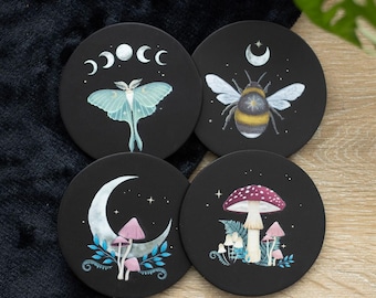 Dark Forest Round Coaster Coasters MDF Wooden Black Bee Lunar Luna Moth Mushroom Toadstool Crescent Moon