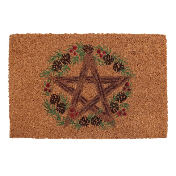 Winter Solstice Pentagram Star Natural Doormat Door Mat Coir Fibre Rubber Backed Gothic Goth Witch Dungeon Mats Wipe your feet pagan