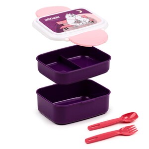 May include: Purple two-tier lunchbox with a pink lid featuring a cartoon image of Moomin characters. The lid has a Moomin character design and the text "MOOMIN". The lunchbox comes with a pink spoon and fork.