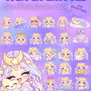 May include: A digital art print showcasing 23 Twitch emotes with a Luna Pastel Goddess theme. Each emote features a cartoon character with light purple hair, a crescent moon crown, and various expressions. Text includes "Twitch Emotes", "Luna Pastel Goddess Emotes", and other phrases.