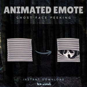 Puede incluir: Gráfico de emote animado que muestra una cara de fantasma asomándose a través de persianas. La imagen muestra un efecto de antes y después, con las persianas abriéndose para revelar la cara del fantasma. El texto incluye "Animated Emote", "Ghost Face Peeking" e "Instant Download".