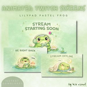May include: Animated Twitch screens with a pastel frog theme. The screens feature a cute frog character in various poses, including "Stream Starting Soon," "Be Right Back," and "Stream Offline." The design includes a lilypad, headphones, and a controller.