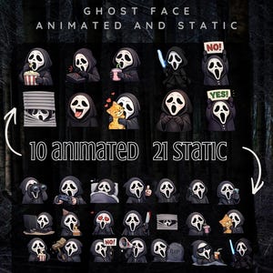 May include: A digital art bundle of Twitch emotes featuring the Ghost Face character from the Scream franchise. The emotes are in black and white, with various animated and static expressions. The bundle includes 10 animated and 21 static emotes.