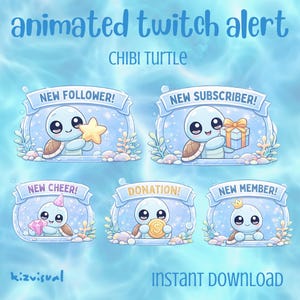 Chibi Turtle Animated Twitch Alerts | Kawaii Streamer Graphics (Digital Download)