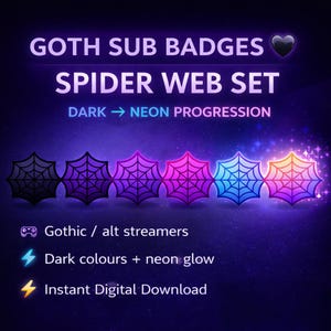 May include: Digital graphic showcasing a spider web set of goth sub badges. The design transitions from dark to neon hues, with colours like black, purple, pink, blue, and yellow. Text reads "GOTH SUB BADGES" and "SPIDER WEB SET".
