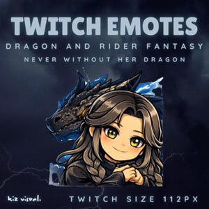 May include: Digital art featuring a dragon and rider fantasy theme. The image includes a cartoon-style illustration of a woman with long brown hair and a dragon. Text reads "TWITCH EMOTES" and "DRAGON AND RIDER FANTASY". The image is designed for Twitch.
