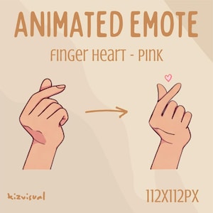 May include: An animated emote graphic with the text "ANIMATED EMOTE" and "FINGER HEART - PINK". The image shows a hand forming a finger heart, with a pink heart above the fingers. The image also includes the text "112X112PX".