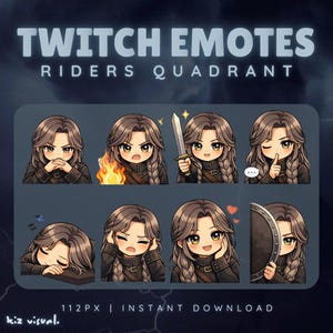 May include: A digital download graphic featuring eight Twitch emotes. Each emote depicts a character with long brown hair and a black outfit, expressing different emotions. The text "TWITCH EMOTES RIDERS QUADRANT" is at the top.