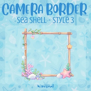 Puede incluir: Un marco cuadrado de estilo bambú con decoraciones de conchas marinas y coral. El marco está adornado con estrellas de mar, conchas y coral. El texto "CAMERA BORDER sea SHELL - STYLE 3" está en la parte superior, con un fondo azul claro.