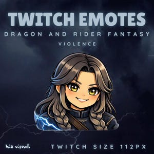 May include: Digital art for Twitch emotes. The image features a smiling cartoon character with long brown braids and yellow eyes. Text at the top reads "TWITCH EMOTES" and below it, "DRAGON AND RIDER FANTASY VIOLENCE". The bottom text says "TWITCH SIZE 112PX".