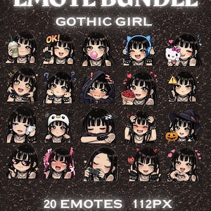 May include: A digital art bundle featuring 20 emotes of a gothic girl with black hair and various expressions. The emotes include a range of accessories and props, such as a bubblegum, headphones, and a pumpkin. The text "EMOTE BUNDLE GOTHIC GIRL" is displayed at the top.