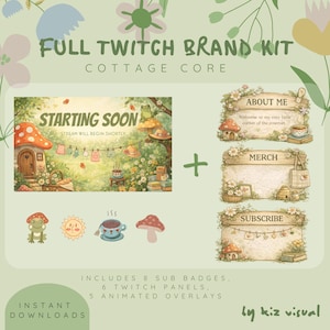 May include: A digital Twitch brand kit with a cottage core theme. The kit includes a "Starting Soon" screen, panels for "About Me", "Merch", and "Subscribe", plus sub badges and animated overlays. The design features whimsical illustrations.