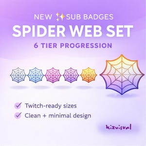 May include: A digital graphic showcasing a spider web set with six colour variations. The text reads "NEW SUB BADGES SPIDER WEB SET 6 TIER PROGRESSION". Additional text states "Twitch-ready sizes" and "Clean + minimal design".