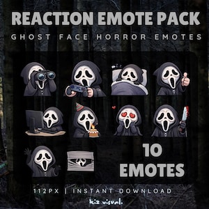 May include: A digital art pack featuring ten Ghost Face horror emotes. Each emote depicts the iconic character in various poses, including using binoculars, playing video games, and holding a knife. The text reads "REACTION EMOTE PACK" and "10 EMOTES".