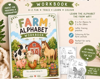 Farm Alphabet Tracing Workbook | A-Z Letter Practice, Coloring Worksheets (PDF File)