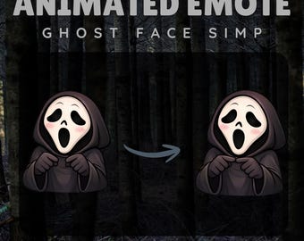 May include: Animated emote graphic featuring a ghost face character with a black hooded robe. The text "ANIMATED EMOTE" and "GHOST FACE SIMP" are displayed at the top. The words "INSTANT DOWNLOAD" and the seller's name are at the bottom.