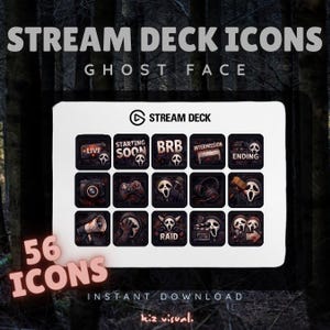 以下が含まれることがあります： ゴーストフェイスをテーマにしたStream Deckアイコンのデジタル製品。アイコンには「LIVE」、「STARTING SOON」、「ENDING」などのフレーズが含まれています。画像には「56 ICONS」と「INSTANT DOWNLOAD」の文字も表示されています。