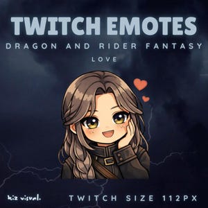 May include: A digital illustration for Twitch emotes featuring a smiling anime-style character with long brown hair, wearing a black jacket. The text reads "TWITCH EMOTES" and "DRAGON AND RIDER FANTASY LOVE". Two small red hearts float above the character's head.