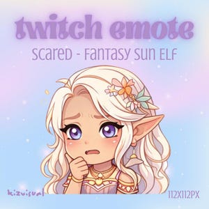 May include: A digital illustration of a scared fantasy sun elf, designed as a Twitch emote. The elf has fair skin, large purple eyes, and long, wavy blonde hair adorned with flowers. The background is a soft gradient of blue and pink.