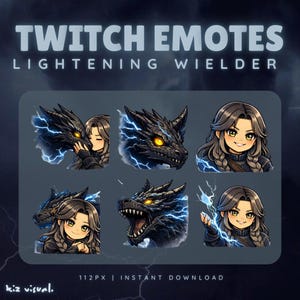 May include: Digital art graphic of Twitch emotes with a fantasy theme. The emotes depict a dragon, a woman with braids, and combinations of both, all with lightning effects. Text at the top reads "TWITCH EMOTES LIGHTENING WIELDER".