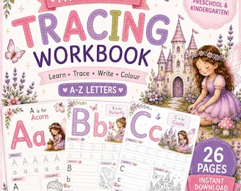 Fairy Alphabet Tracing Workbook Printable | A–Z Letter Practice for Kids | Preschool Learning Worksheets | Handwriting & colouring