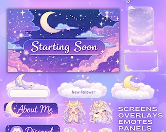 Luna Cloud Twitch Stream Package – Pastel Celestial Overlays, Emotes, Panels (Digital Download)