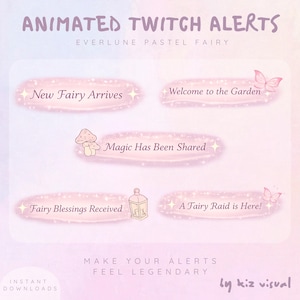 Könnte beinhalten: Pastellfarbene Grafik für Twitch-Benachrichtigungen mit Text wie "Animated Twitch Alerts" und "Everlune Pastel Fairy". Es enthält Textfelder mit Sätzen wie "New Fairy Arrives" und "Welcome to the Garden" sowie Illustrationen von Pilzen, Laternen und Schmetterlingen.