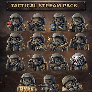 Peut inclure: Illustration numérique de 15 émoticônes de personnages en équipement tactique, chacun avec une expression ou une action différente. Le texte "15 EMOTES" et "TACTICAL STREAM PACK" sont affichés en haut. Le mot "HYPE" est également visible.