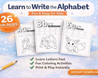 Pokemon Alphabet Tracing Workbook Printable | A–Z Letter Practice for Kids | Preschool Learning Worksheets | Handwriting & Coloring Pages