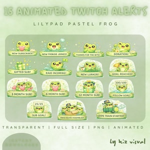 Può includere: Una collezione di 15 avvisi animati per Twitch con simpatiche illustrazioni di rane pastello. Ogni avviso presenta testo come "New Subscriber!" e "Donation!". Gli avvisi sono trasparenti, a grandezza naturale e in formato PNG.