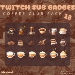 以下が含まれることがあります： コーヒーをテーマにした18個のTwitchサブバッジのデジタルグラフィック。バッジには、コーヒー豆、グラインダー、タンパー、コーヒーかす、スクープ、フィルター、カラフ、さまざまなコーヒー飲料が含まれています。「Twitch Sub Badges Coffee Club Pack」と書かれています。