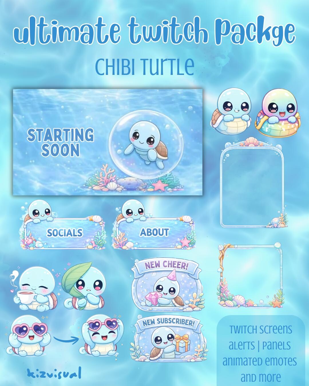 Turtle Package Chibi Turtle Twitch Package | Ocean Stream Alerts, Panels, Emotes ...