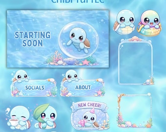 Paquete Chibi Turtle para Twitch / Alertas, paneles y emoticonos para transmisiones oceánicas (descarga digital)