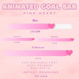 May include: Animated goal bar graphic with a pink heart theme. The graphic displays progress bars for bits, donations, subscribers, and followers, with text indicating progress and goals. Includes text: "CUSTOMISABLE FONT, FONT COLOURS, BAR WIDTH, INSTANT DOWNLOAD".