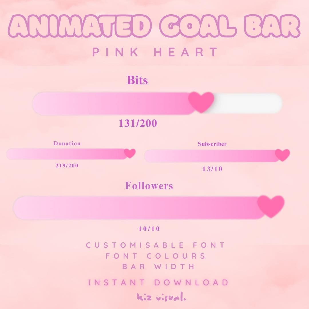 Pink Heart Animated Goal Bars | Twitch Follower Sub Donation Bits ...